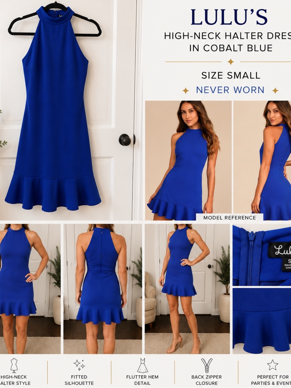 Lulus Cobalt Blue Mock Neck Fit & Flare Dress – Size Small – Never Worn